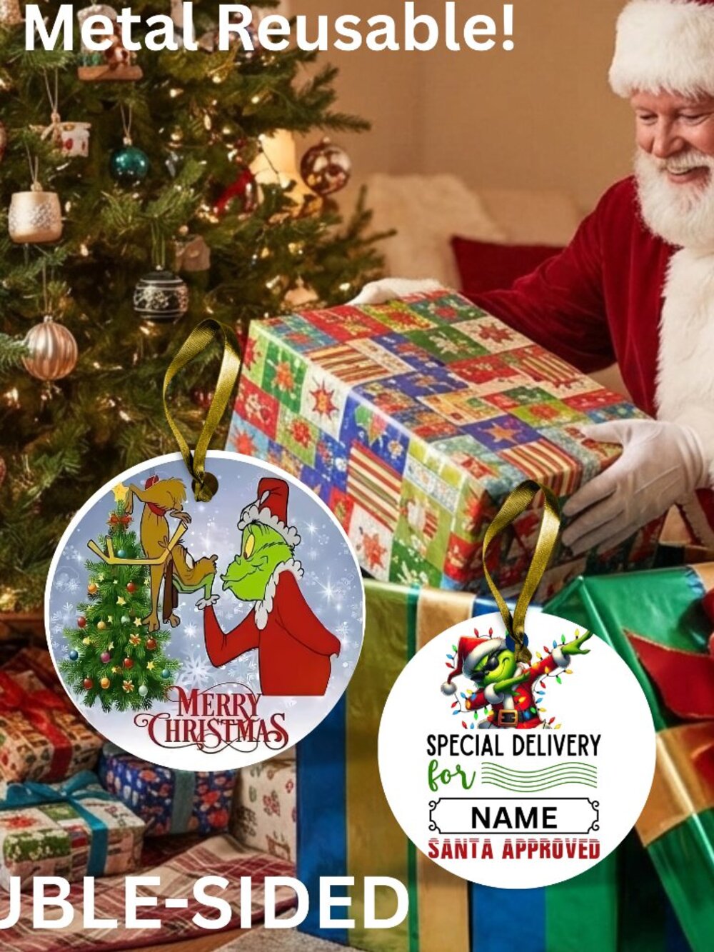 Grinch Santa Reusable Metal Christmas Tag Personalized